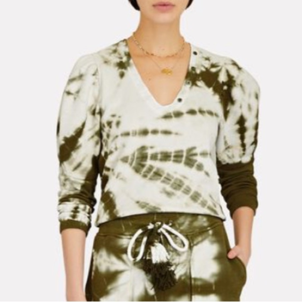 NWOT ULLA JOHNSON Jude Puff Sleeve Tie-Dye Sweatshirt in olive green , size S